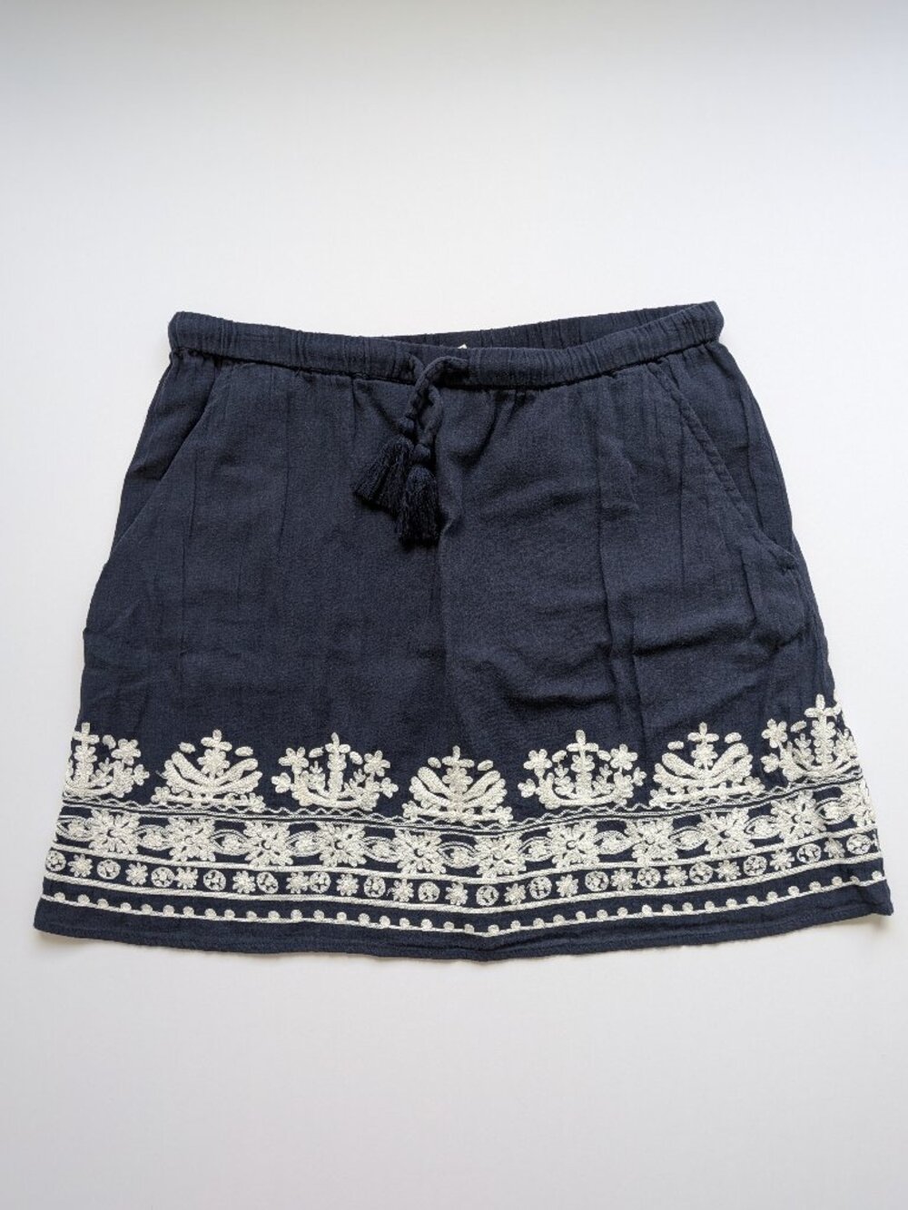 Garnet Hill Mini Skirt S Blue Embroidered Organic Cotton Pull On Tassels Lined